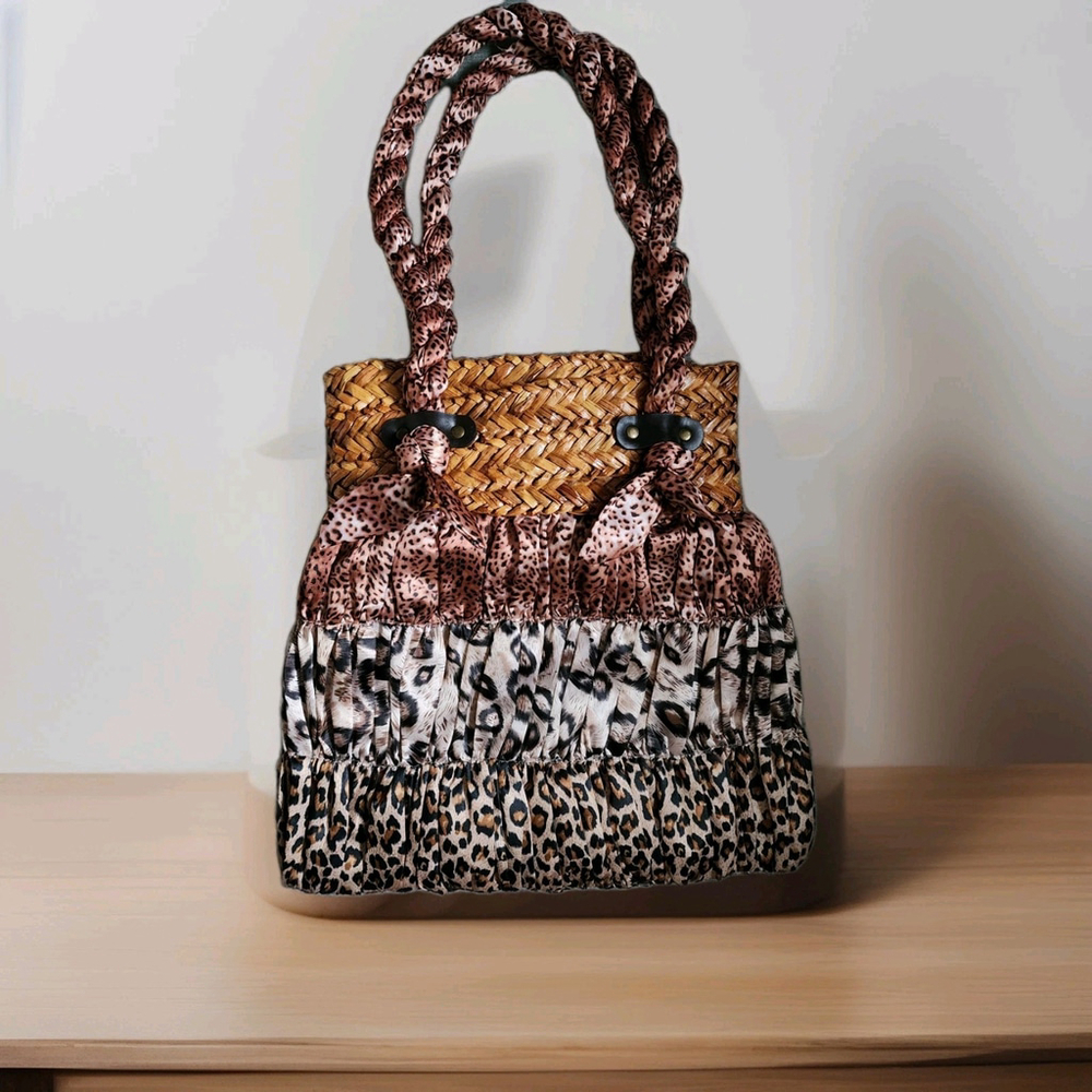 Capelli Straworld Double Handle Leopard Cheetah Mixed Print Satiny Bag Purse